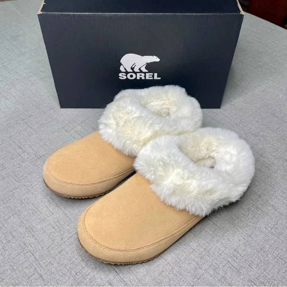 Sorel Women’s Go Coffee Run Slippers Tan Suede Leather Fur Slip On Shoes Nwt - Picture 6 of 16